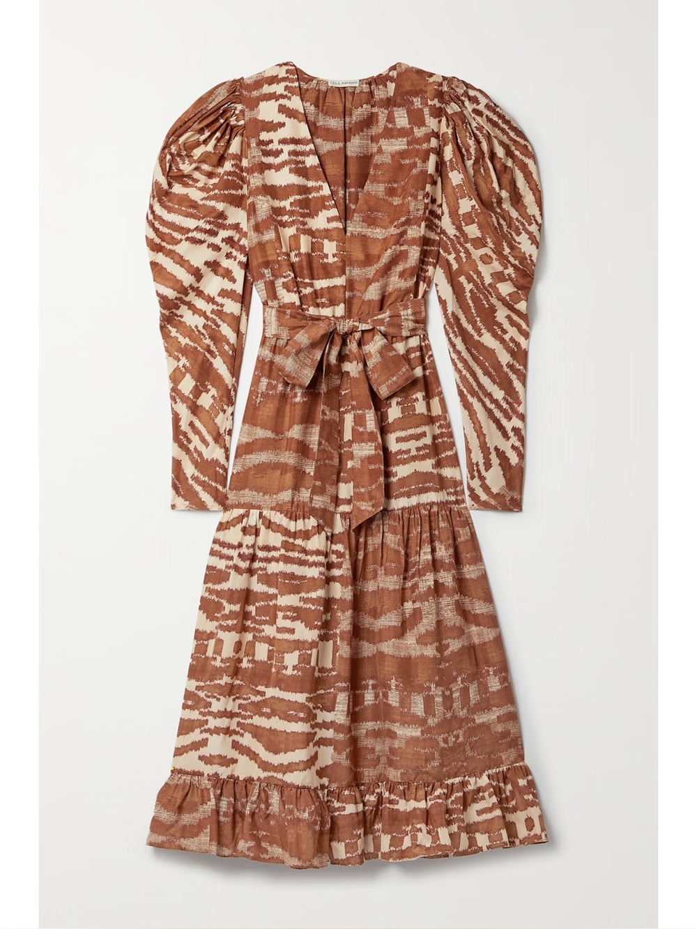 New Ulla Johnson Leila Belted Printed Silk Midi Dress Brown Sz 4 - Picture 3 of 12